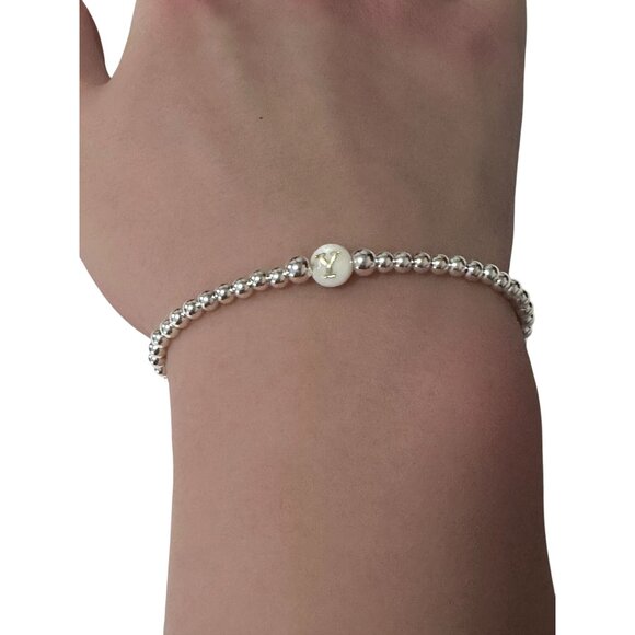 925 Sterling Silver Beaded Stretch Stacking Bracelet MOP Letter Initial Y - Picture 3 of 6